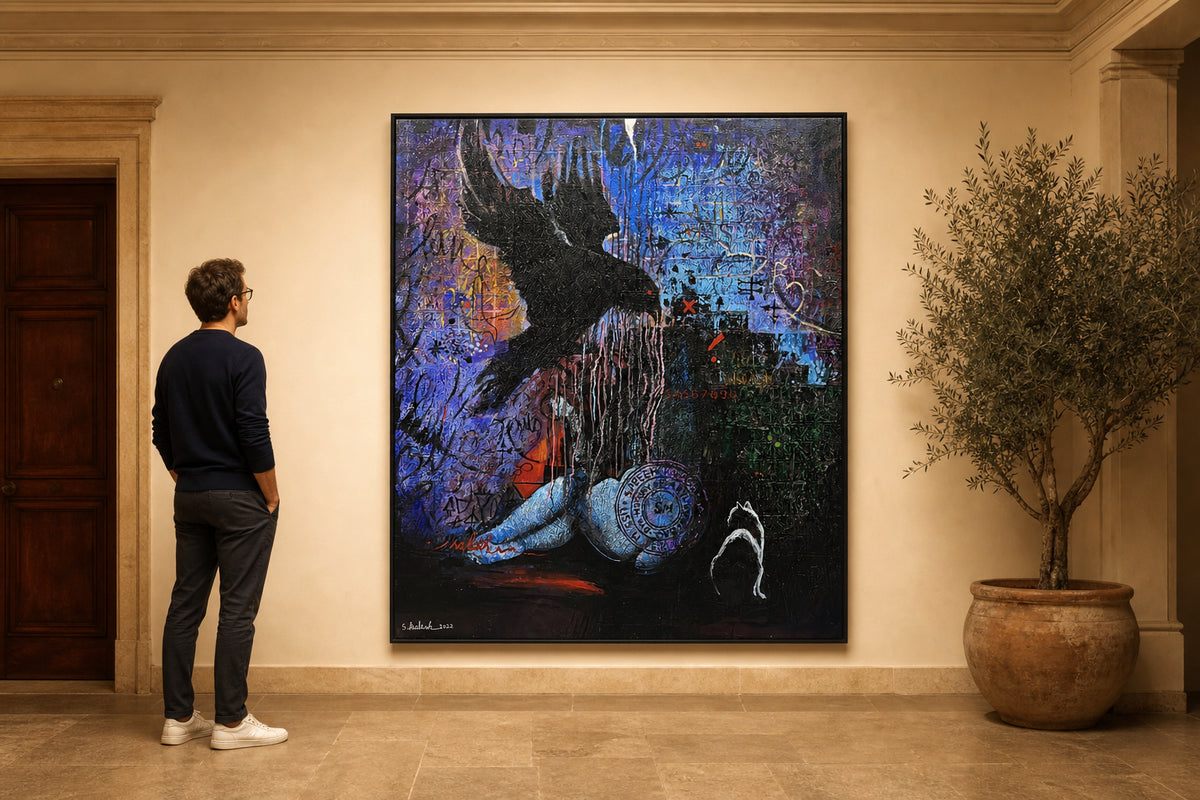 Dark Bird Over Abstract Layered Symbols - shown to scale