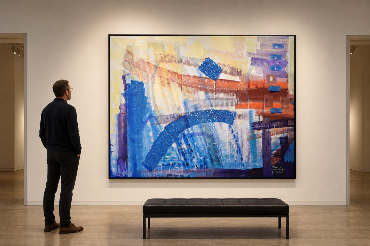 Blue and Orange Abstract Calligraphic Composition - shown to scale