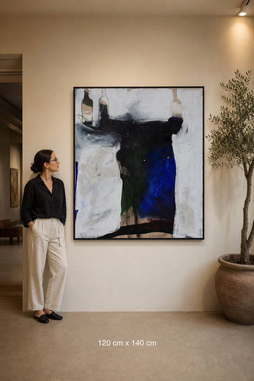 Abstract Blue Face with Bottles - shown to scale