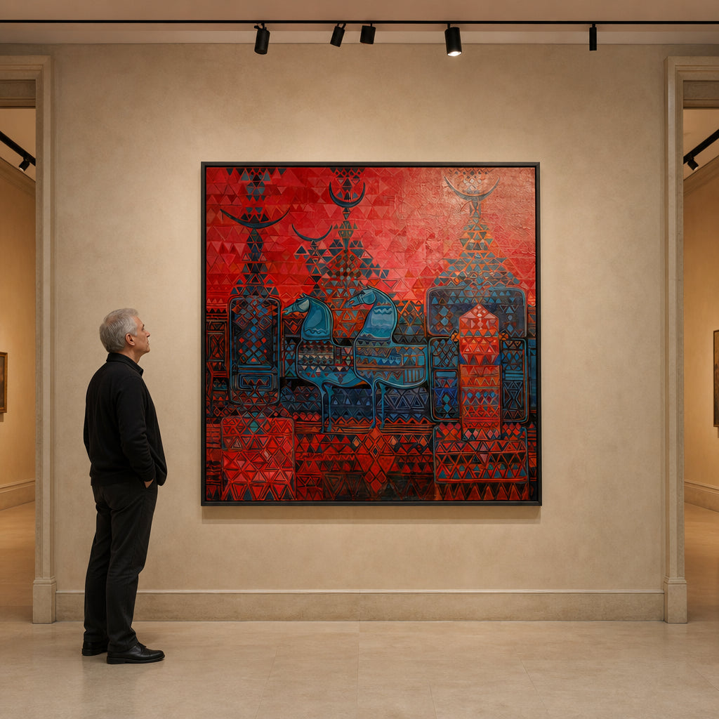 Blue Horse Among Red Geometric Patterns - shown to scale