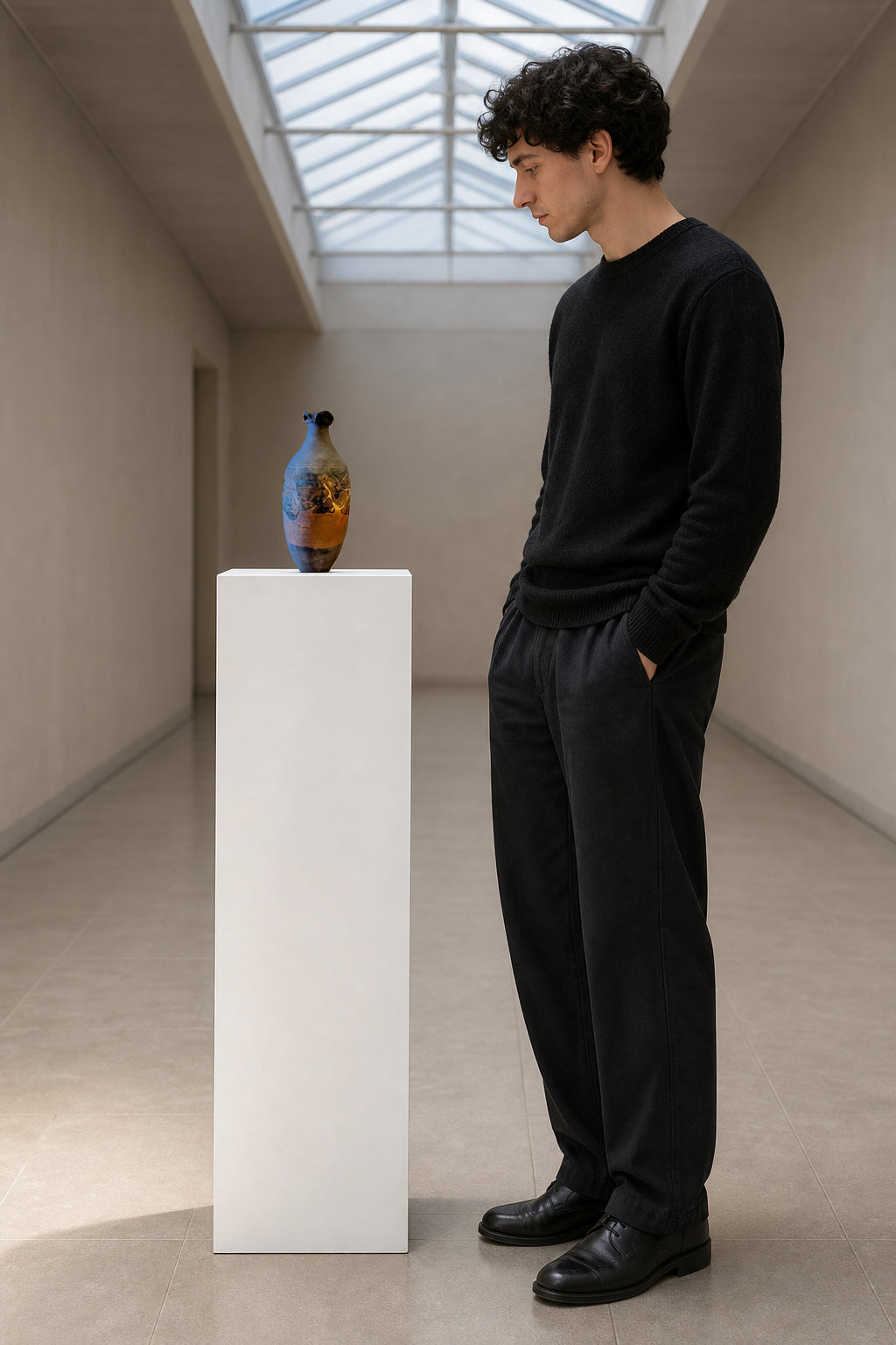 Tall Ceramic Vessel with Pinched Neck - shown to scale