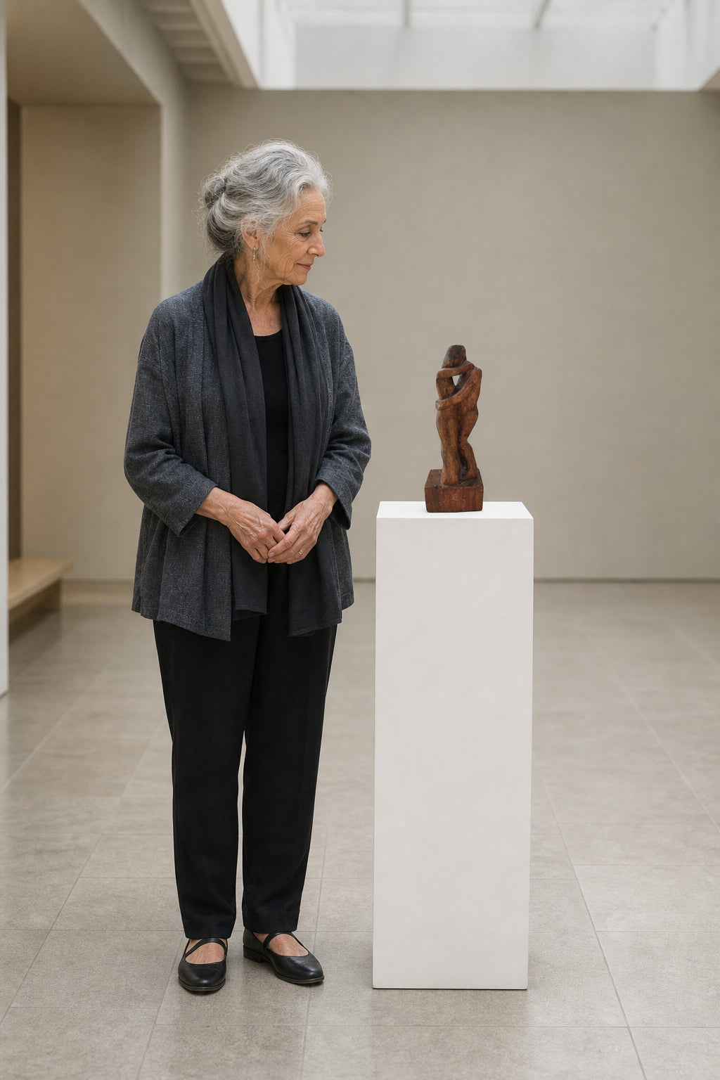 Two Figures Embracing Wood Sculpture - shown to scale