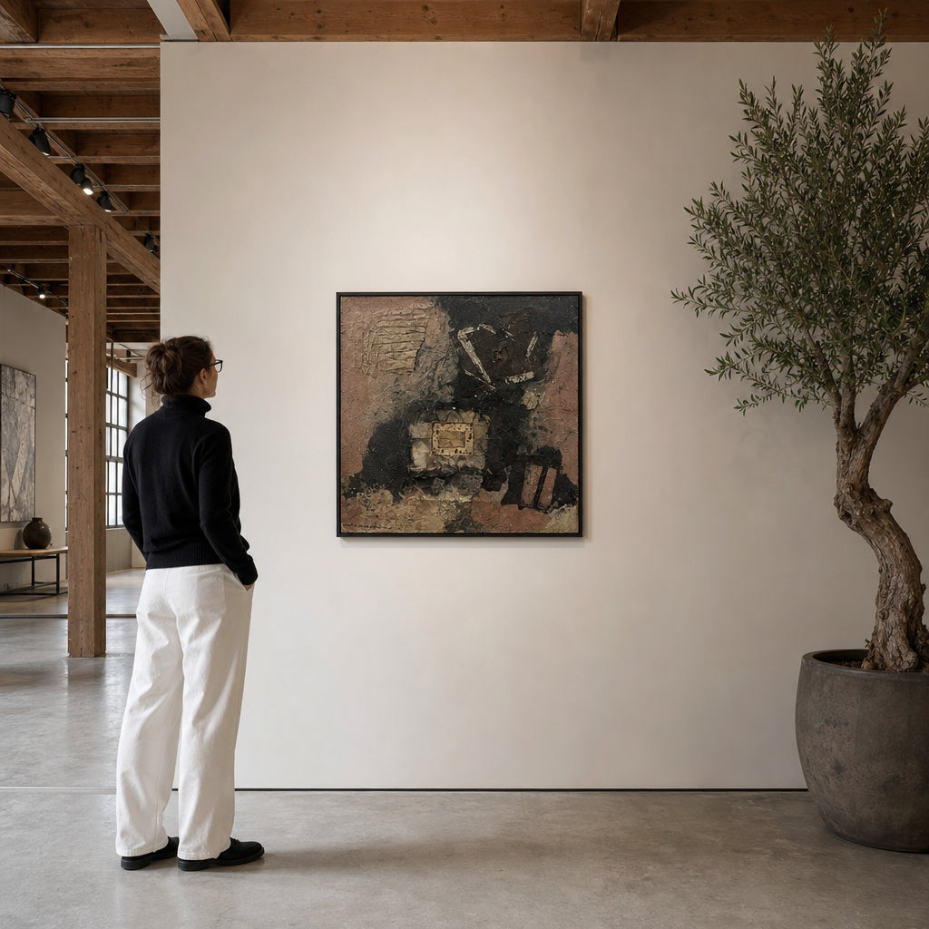 Dark Abstract Collage with Embedded Objects - shown to scale
