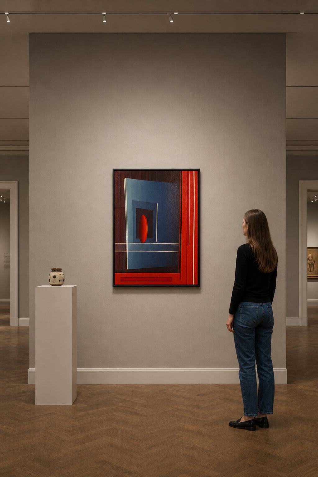 Red Oval in Geometric Blue Frame - shown to scale