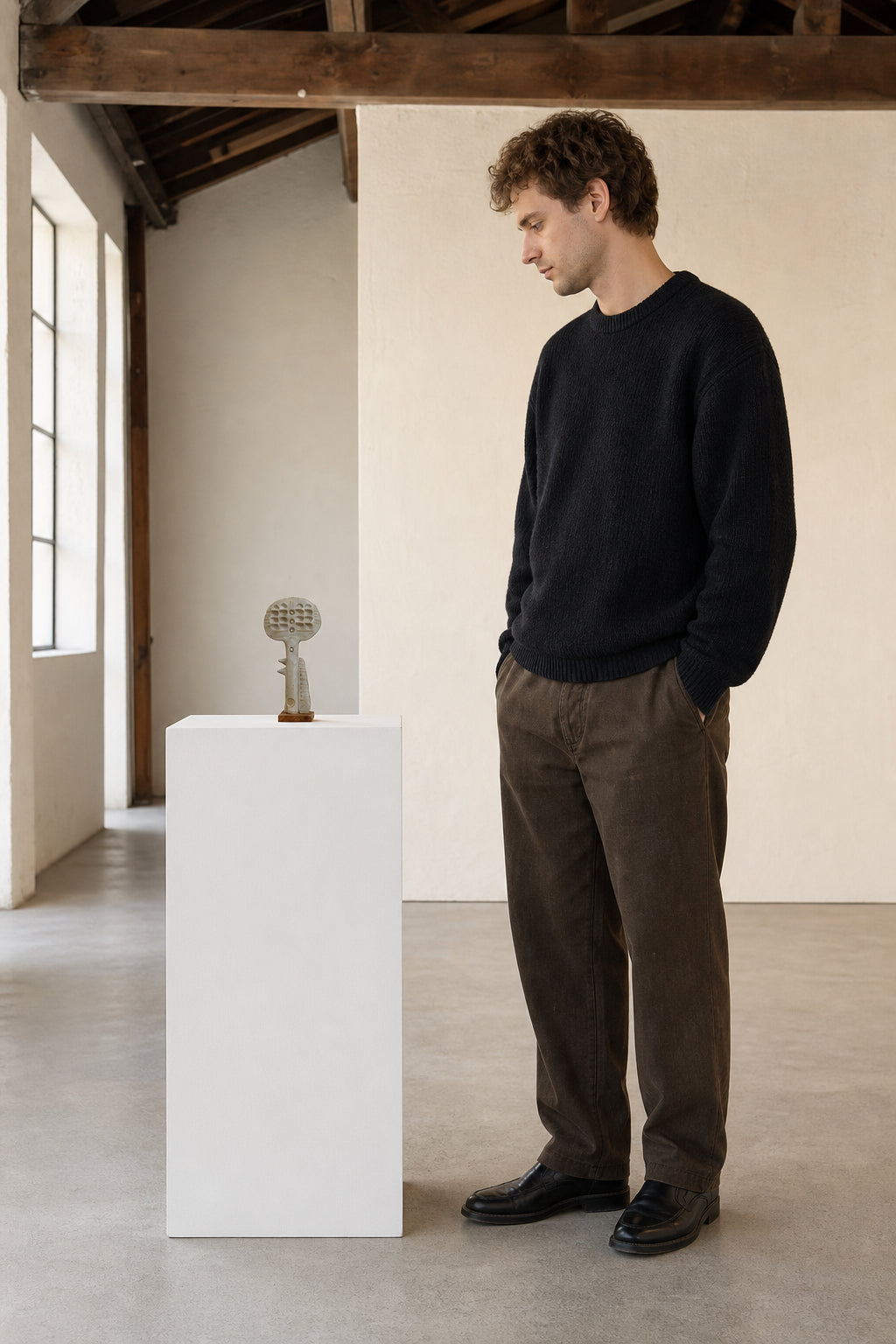 Abstract Ceramic Figure on Wood Base - shown to scale