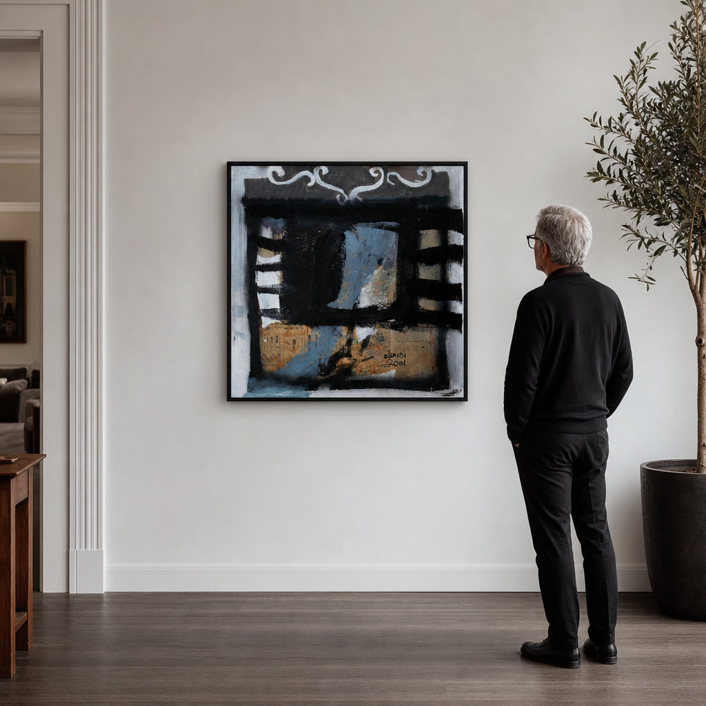 Abstract Black and Blue Mixed Media - shown to scale