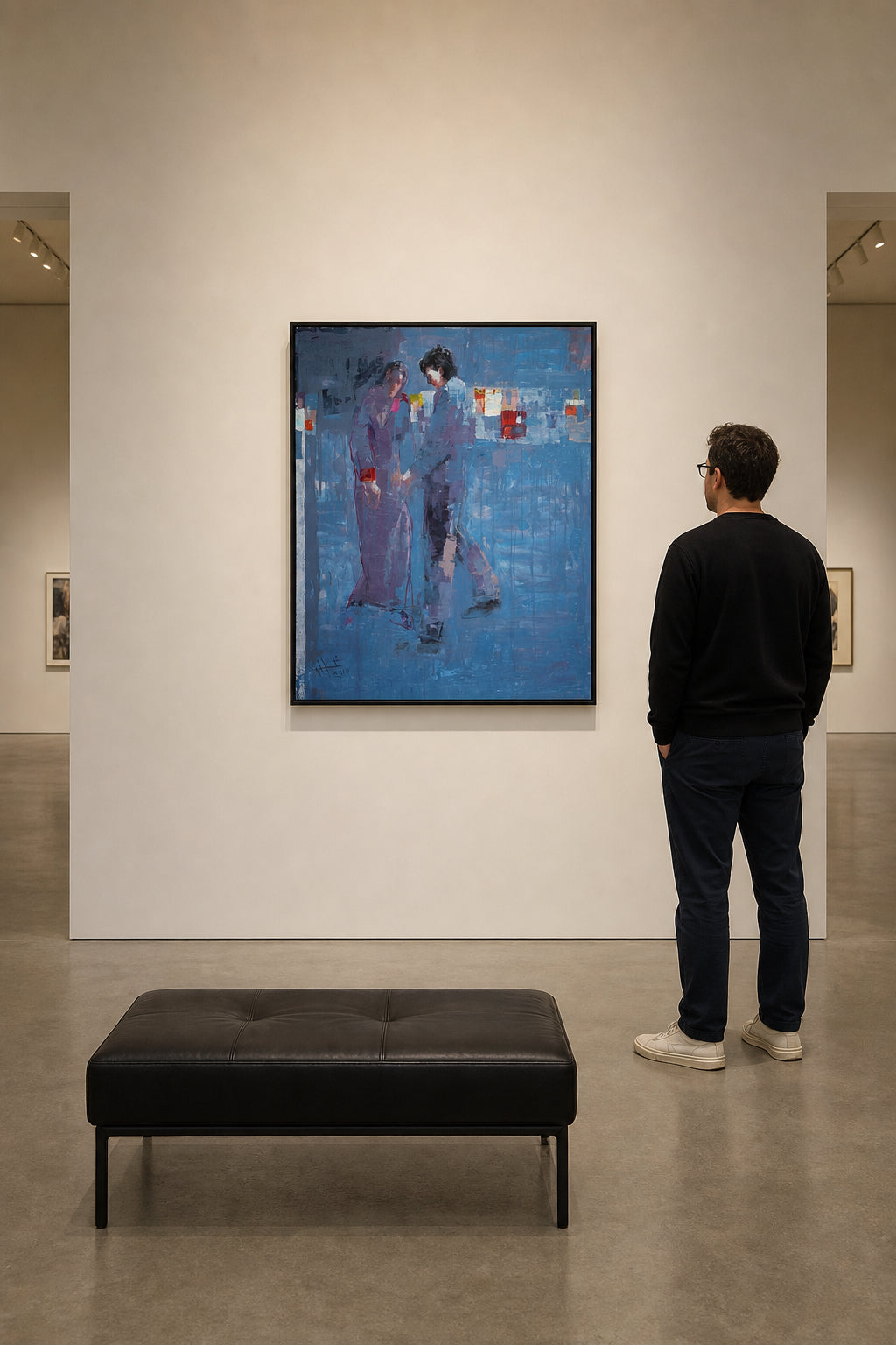 Two Figures Walking in Blue - shown to scale
