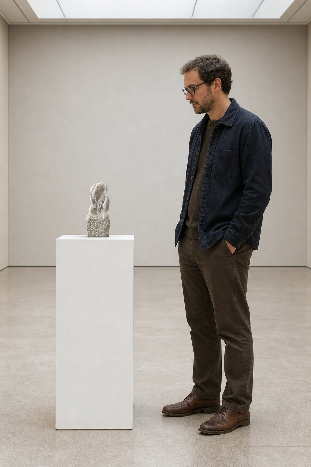 Seated Figure Bowing Forward Stone Sculpture - shown to scale