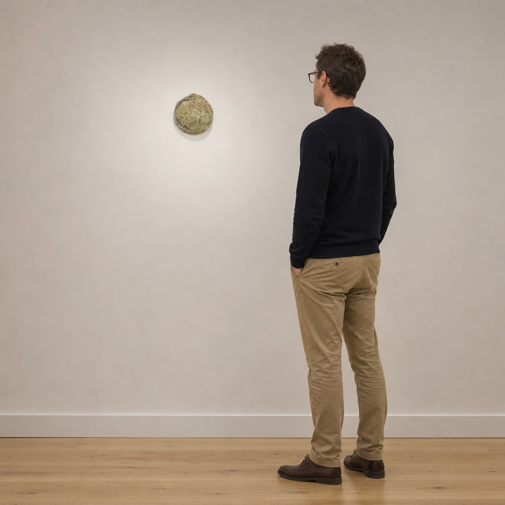 Glazed Ceramic Sphere with Engraved Script - shown to scale