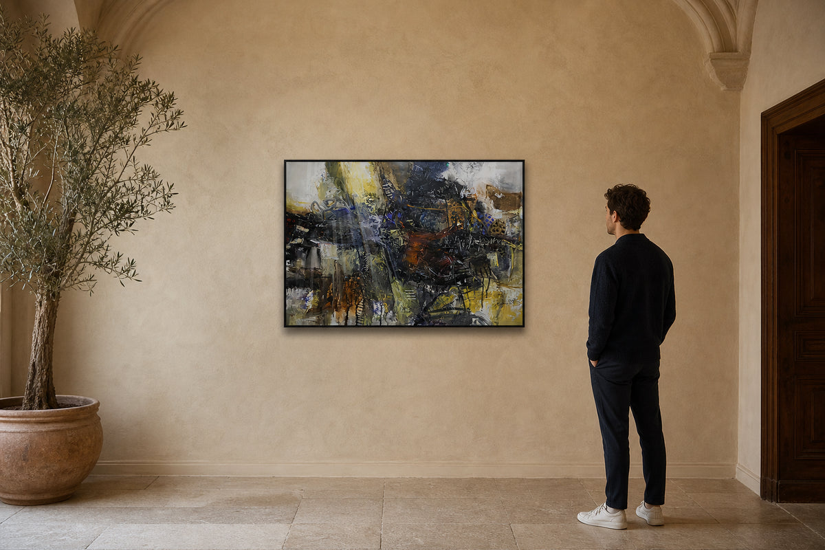 Dark and Yellow Abstract Composition - shown to scale
