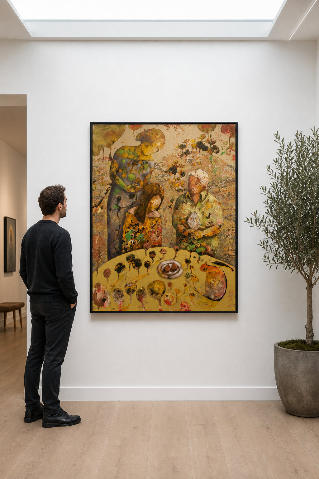 Three Figures Gathered Around Table - shown to scale