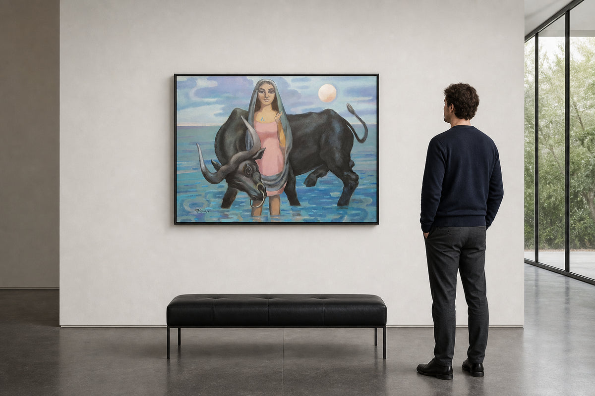 Woman and Black Bull in Water - shown to scale