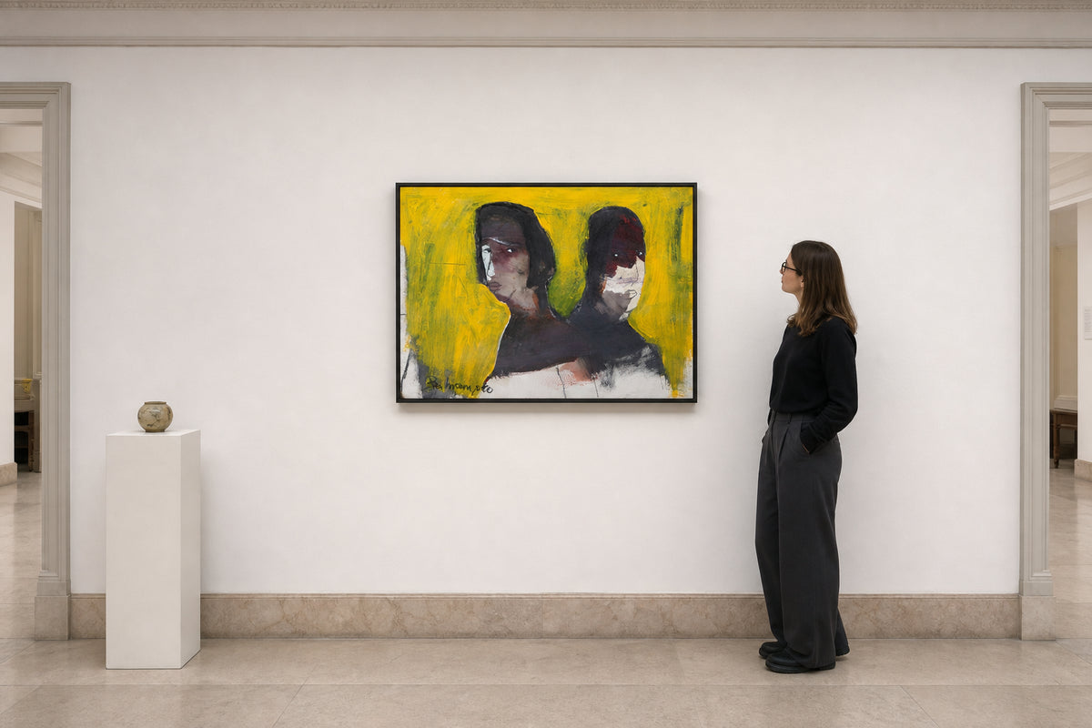 Two Figures Against Yellow Background - shown to scale