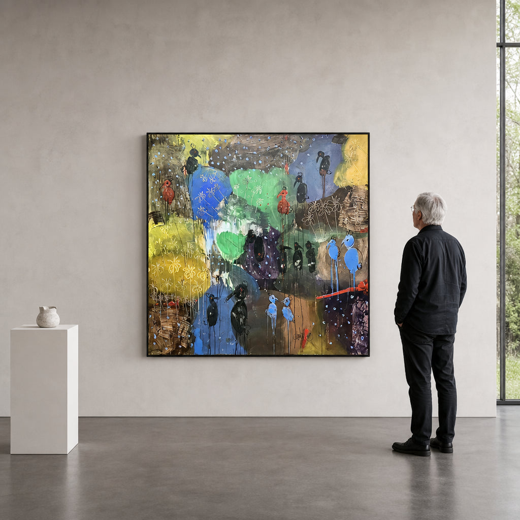 Birds and Flowers in Colourful Landscape - shown to scale