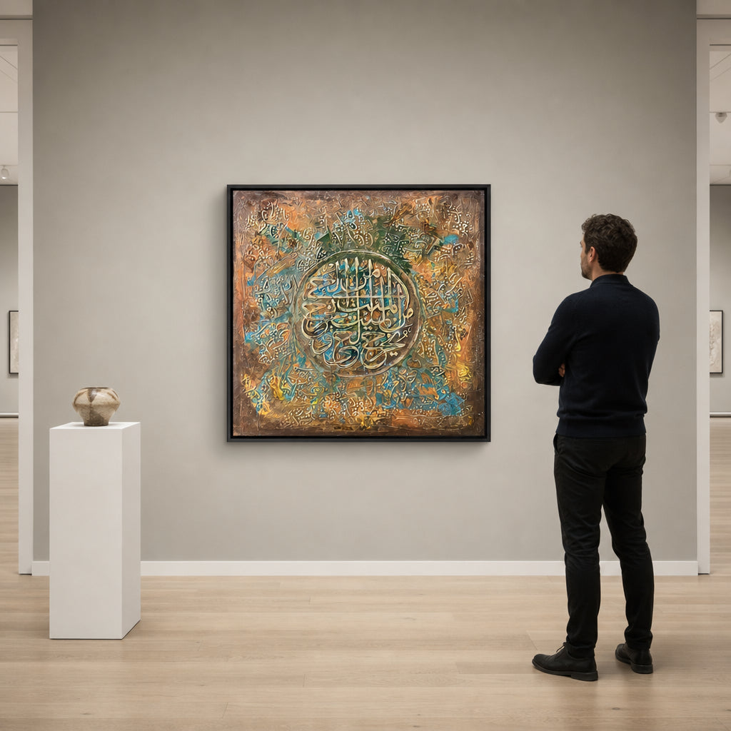 Arabic Calligraphy Circle on Textured Canvas - shown to scale