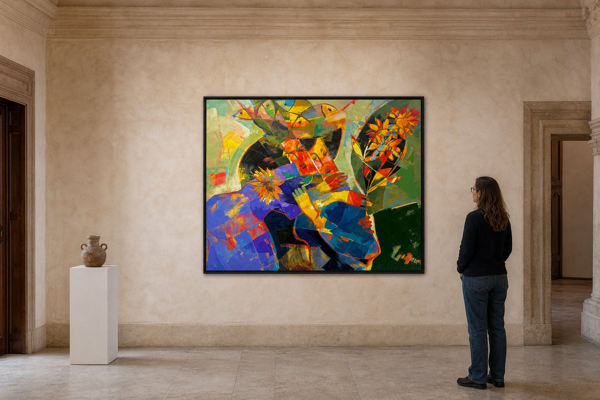 Figures Embracing Sunflowers and Birds - shown to scale