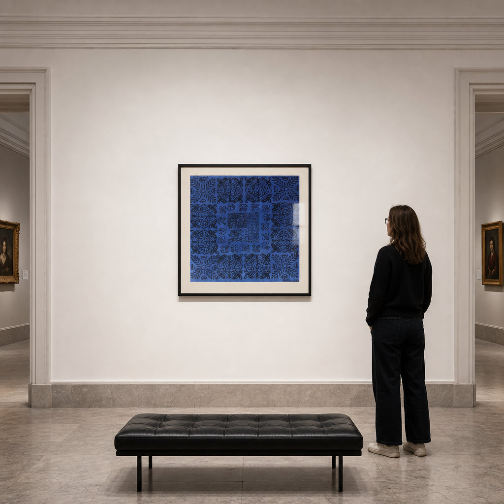 Blue Arabesque Calligraphic Grid Pattern - shown to scale