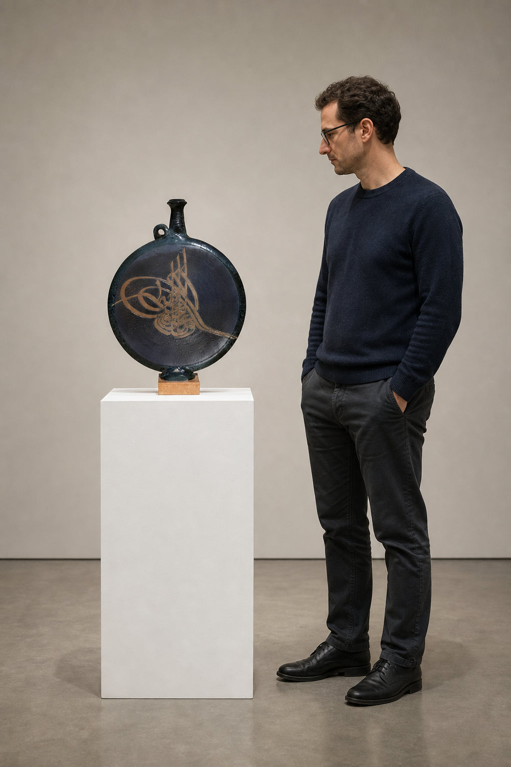 Dark Ceramic Vessel with Tughra Calligraphy - shown to scale