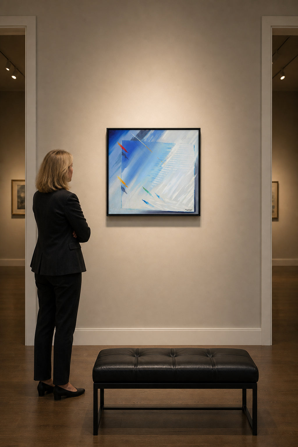 Blue and White Abstract Geometric Composition - shown to scale