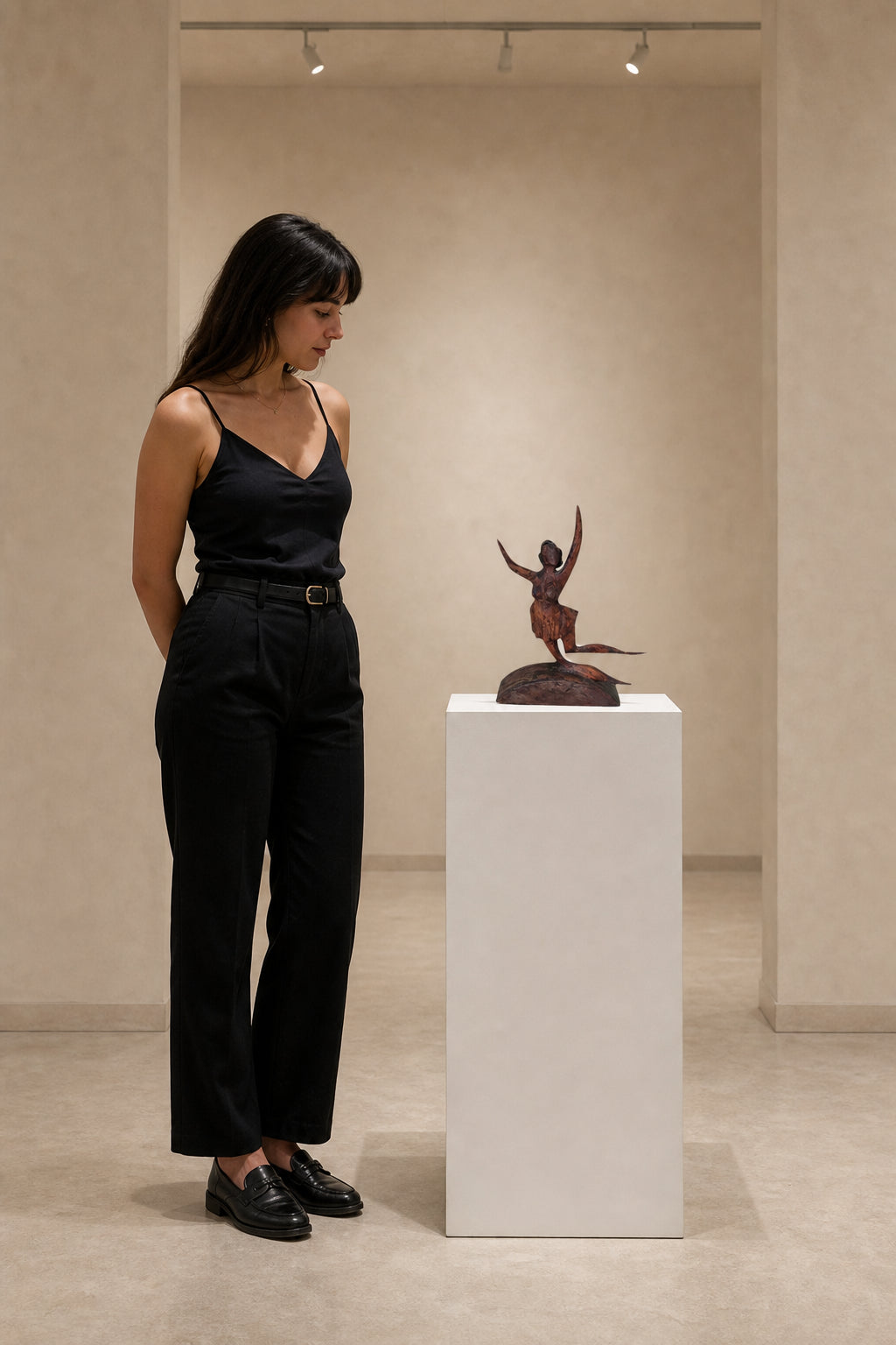 Dancing Woman Arms Raised Wood Sculpture - shown to scale