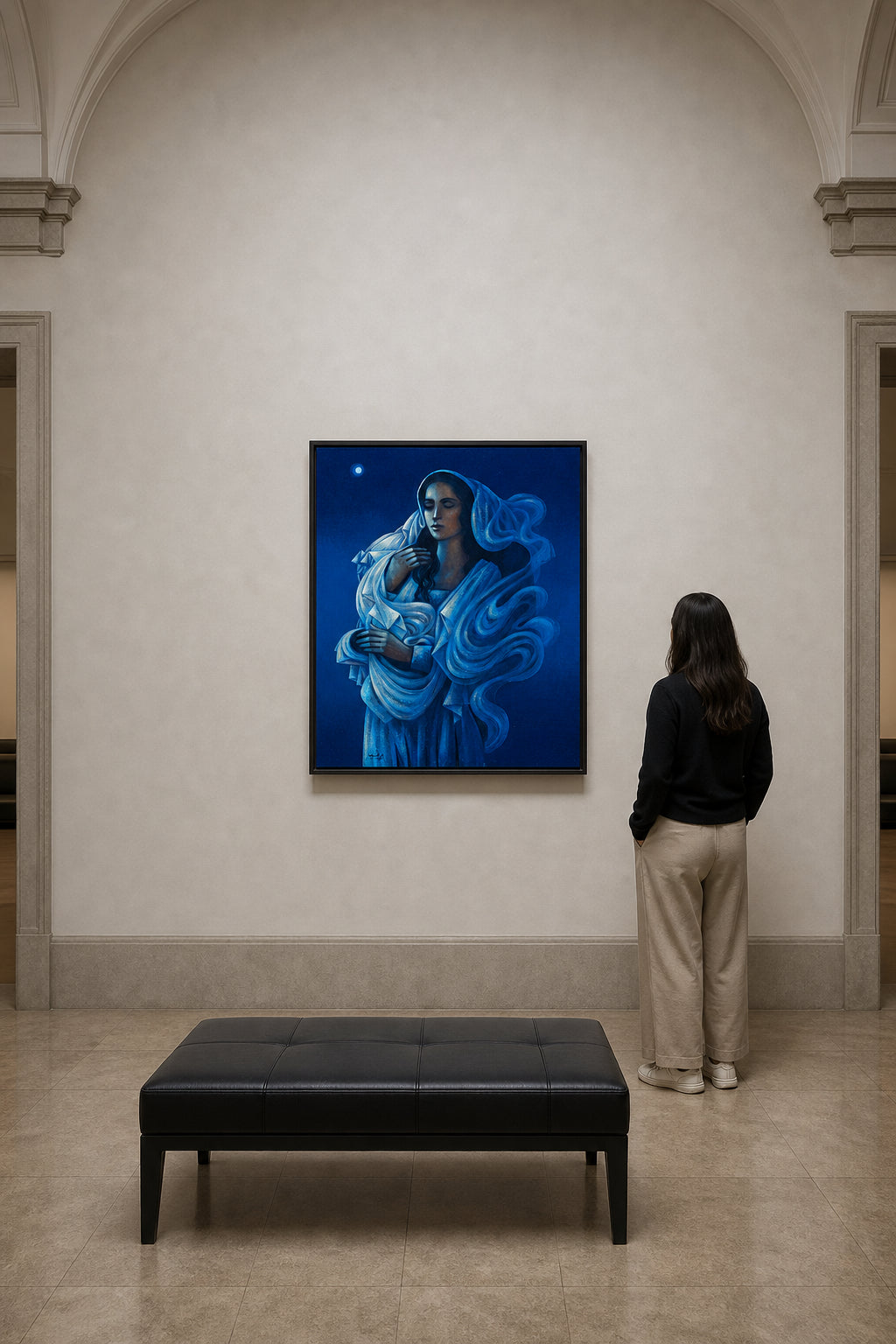 Woman Holding Child Under Moonlight - shown to scale