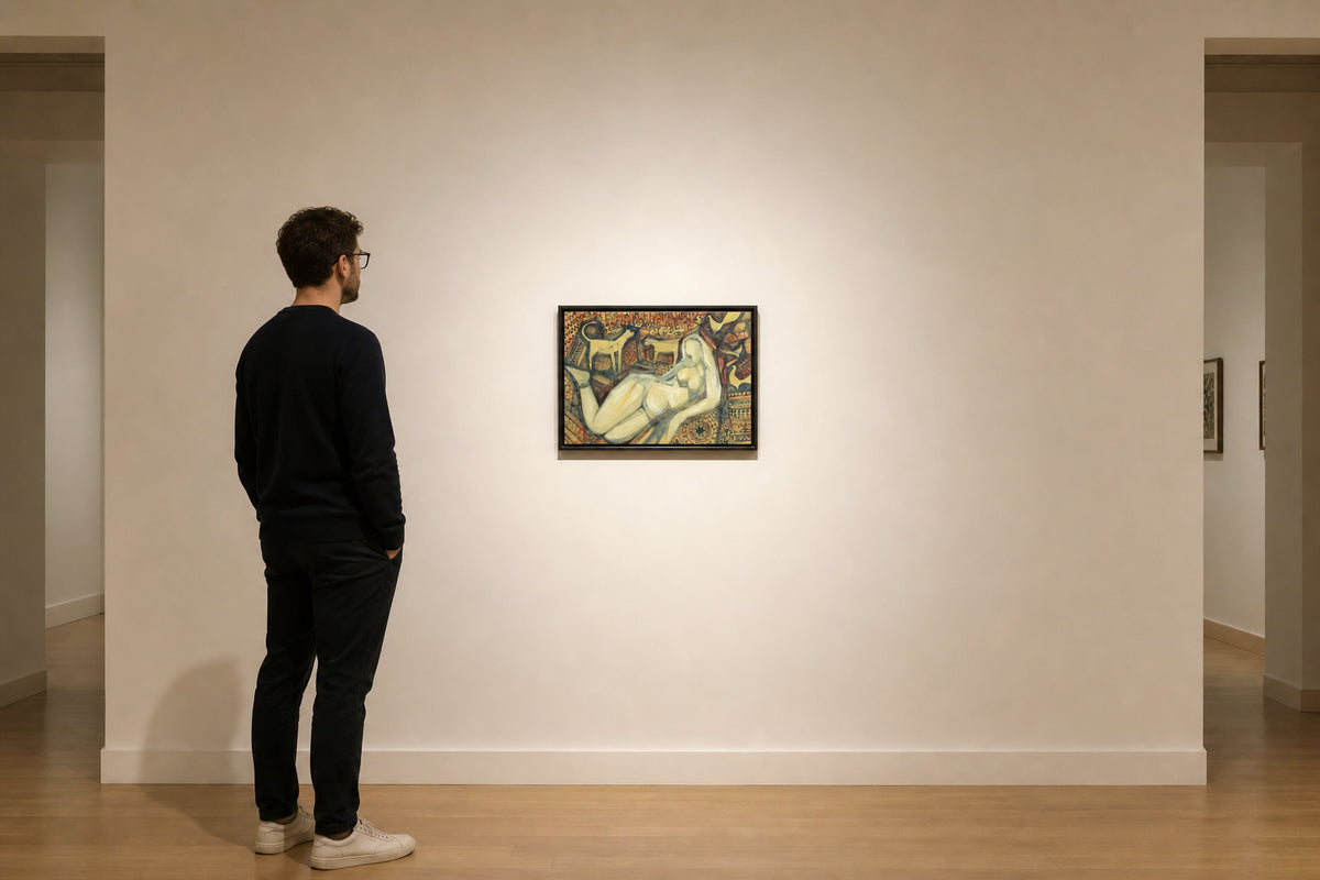 Reclining Figure with Cat on Patterned Rug - shown to scale