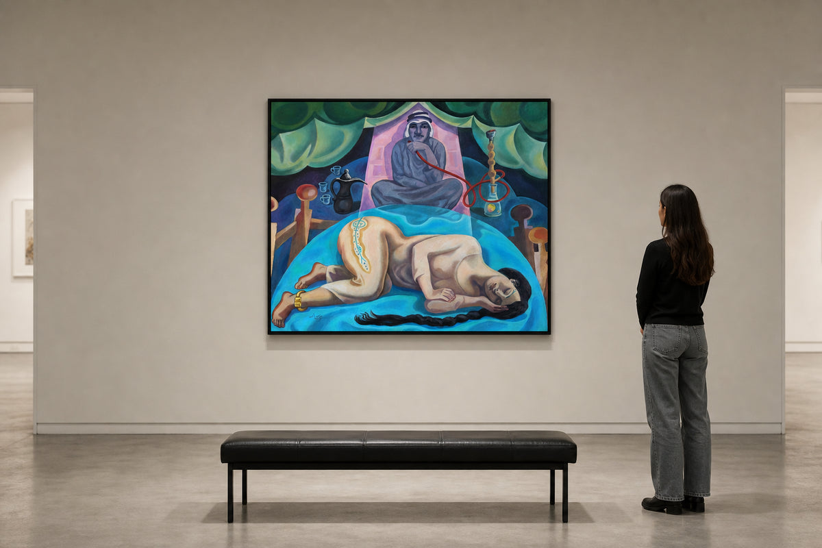 Reclining Woman with Man and Hookah - shown to scale