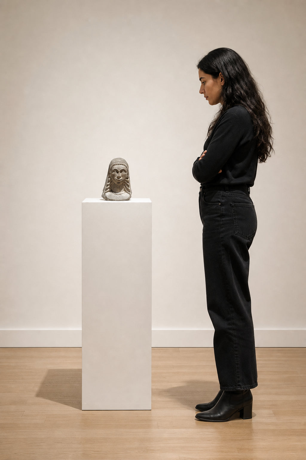 Smiling Woman Bust with Braided Hair - shown to scale