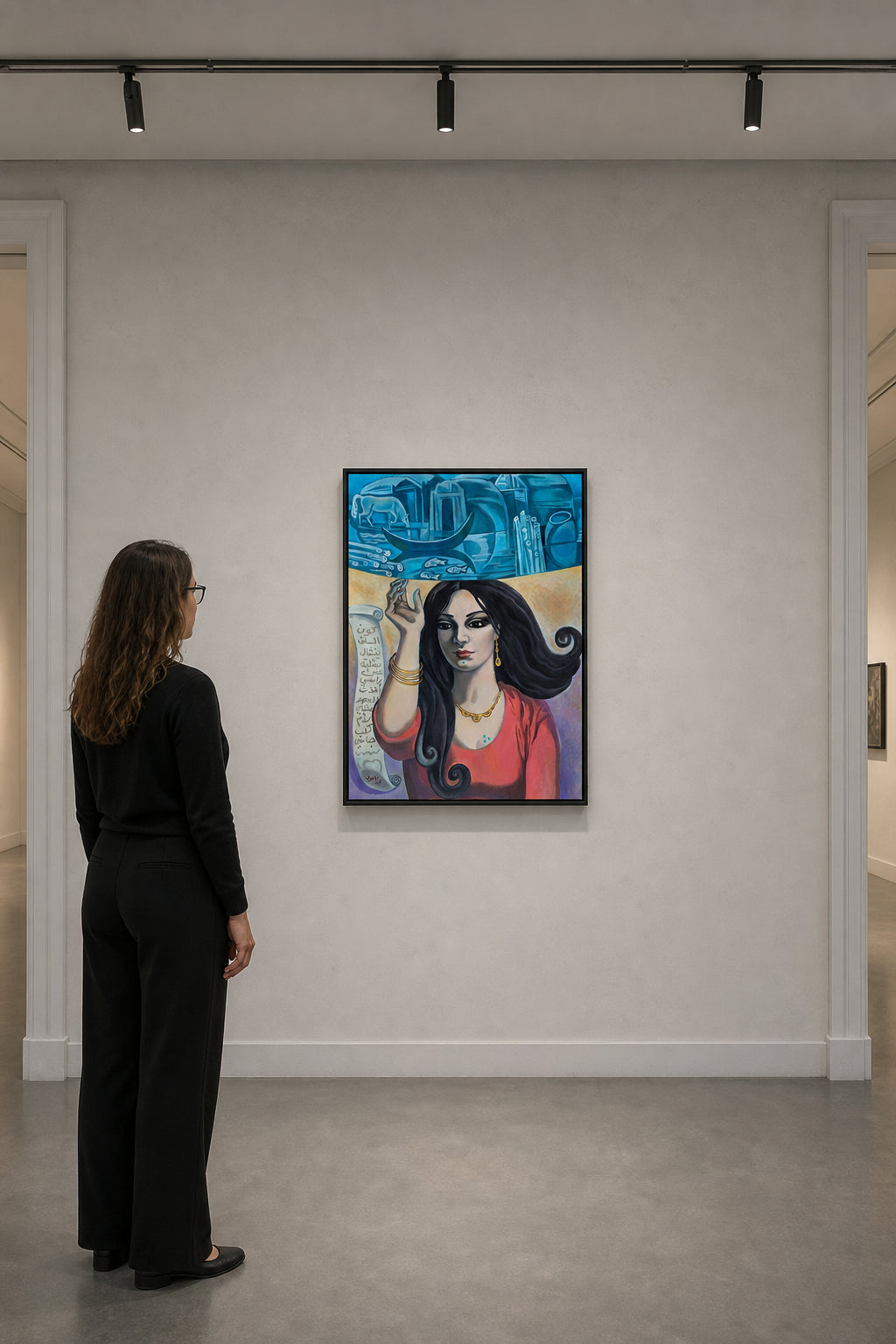 Woman with Blue Vision and Arabic Scroll - shown to scale