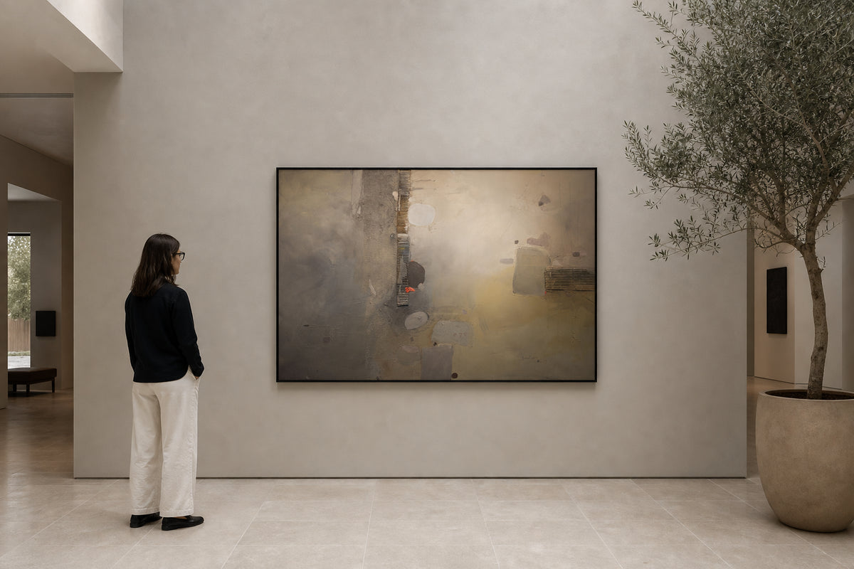 Abstract Grey Mist with Red Accent - shown to scale