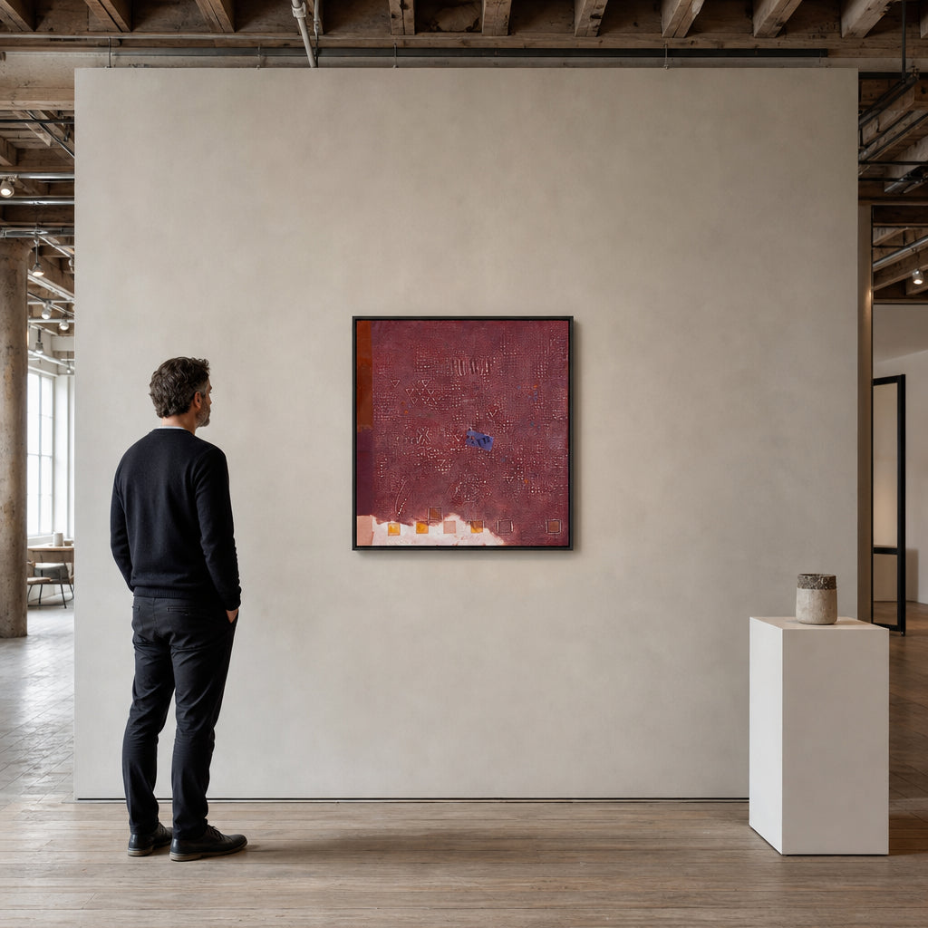 Abstract Symbols on Textured Red Ground - shown to scale