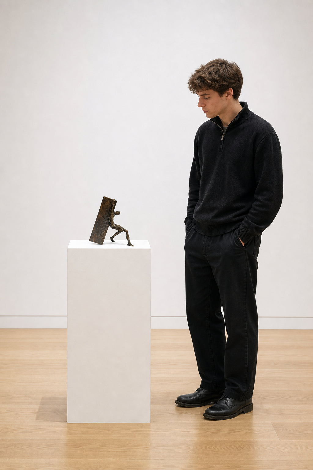 Figure Pushing Large Bronze Slab - shown to scale