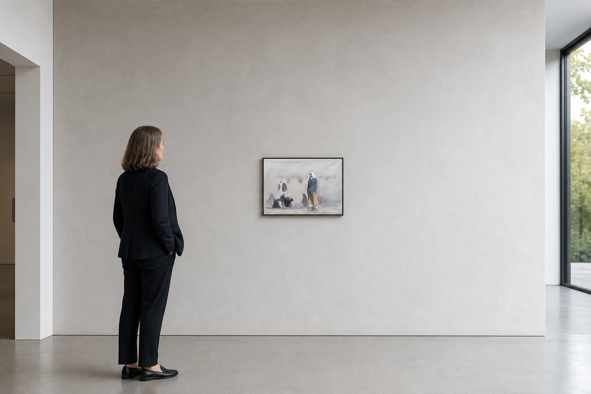 Man Standing Near Seated Figures - shown to scale