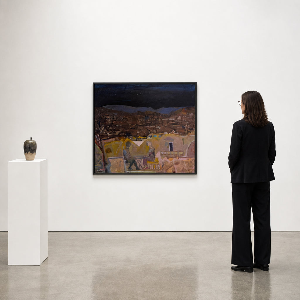 Two Figures Seated in Night Village - shown to scale