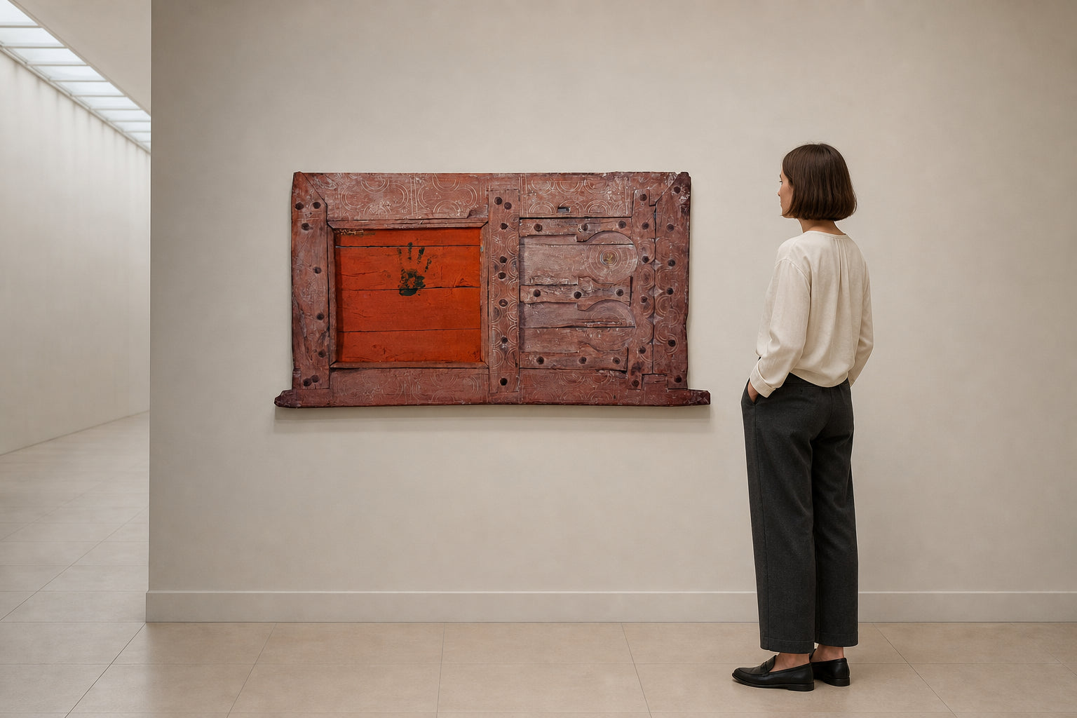 Wooden Panel with Red Field and Handprint - shown to scale