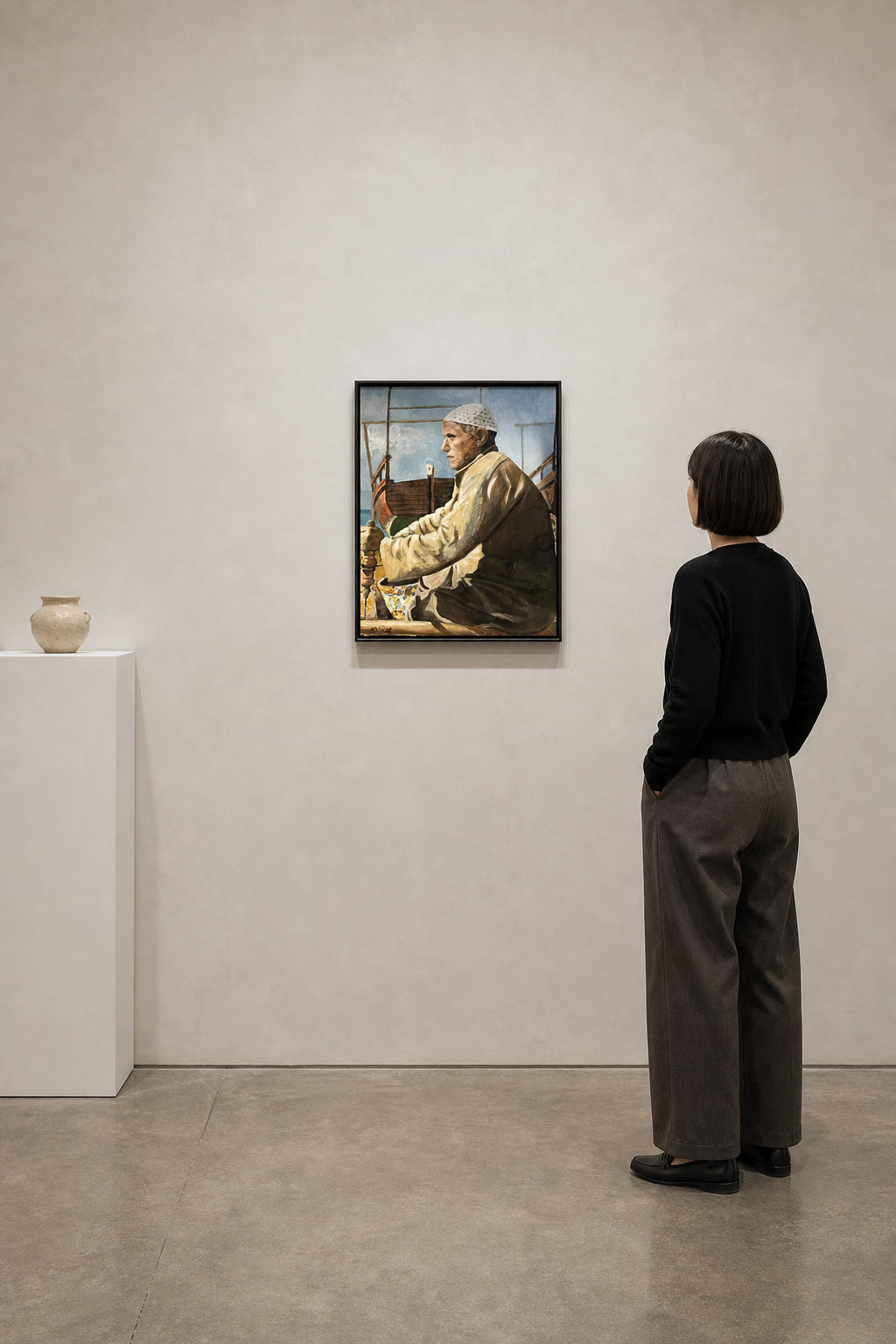 Seated Old Man in White Cap - shown to scale