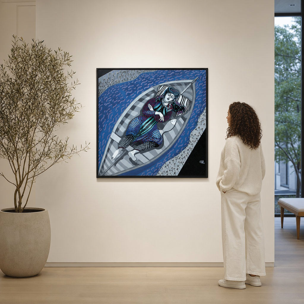 Woman Resting in Striped Boat - shown to scale