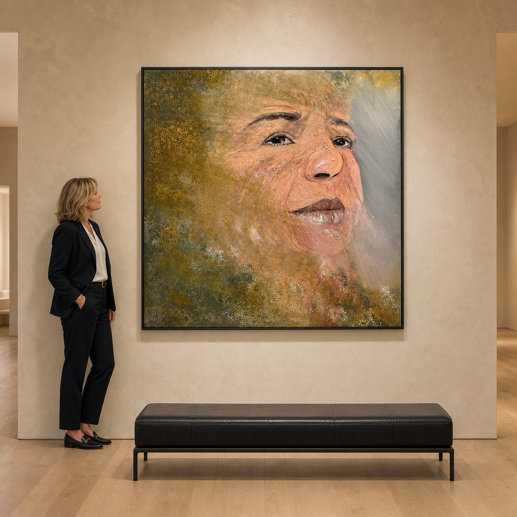 Elderly Woman Portrait with Floral Background - shown to scale