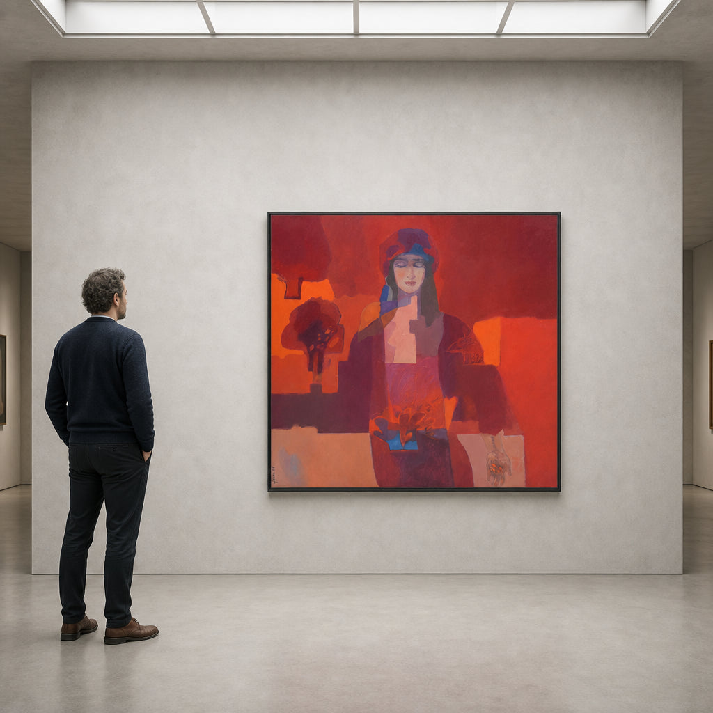Woman Holding Flower in Red - shown to scale