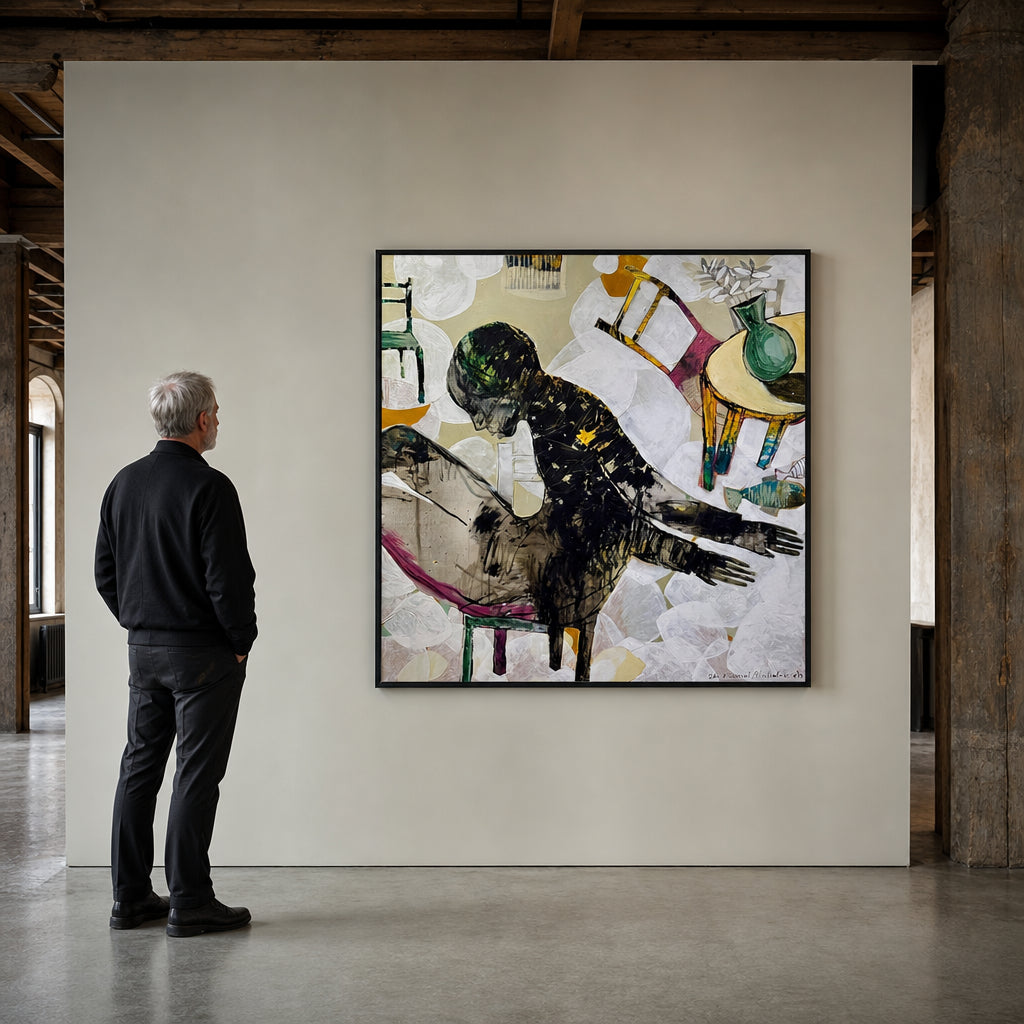 Dark Figure Seated Among Colorful Objects - shown to scale