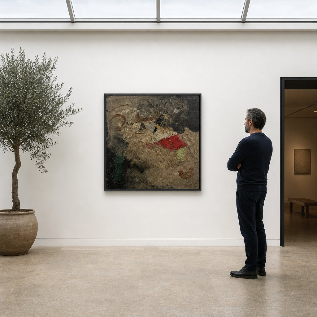 Abstract Mixed Media Collage with Red Patch - shown to scale