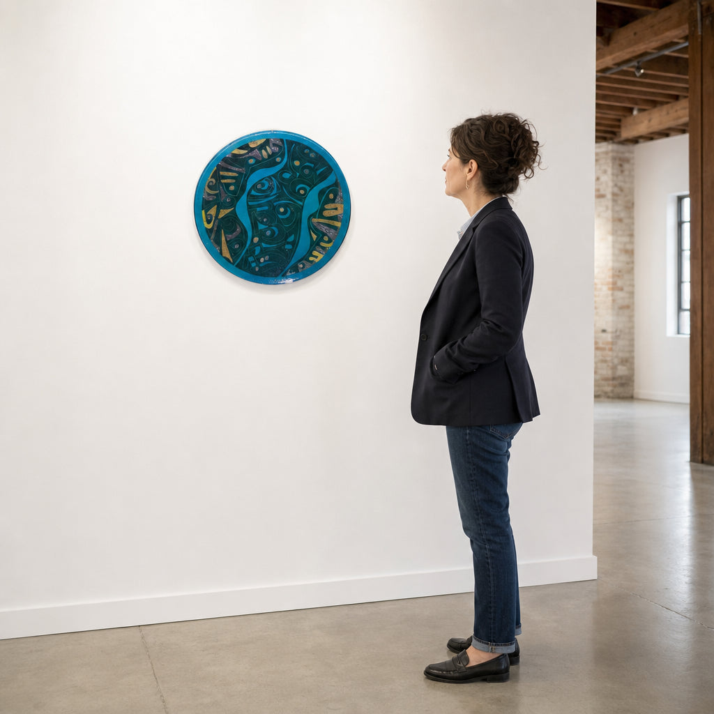Round Ceramic Plate with Abstract Calligraphy - shown to scale