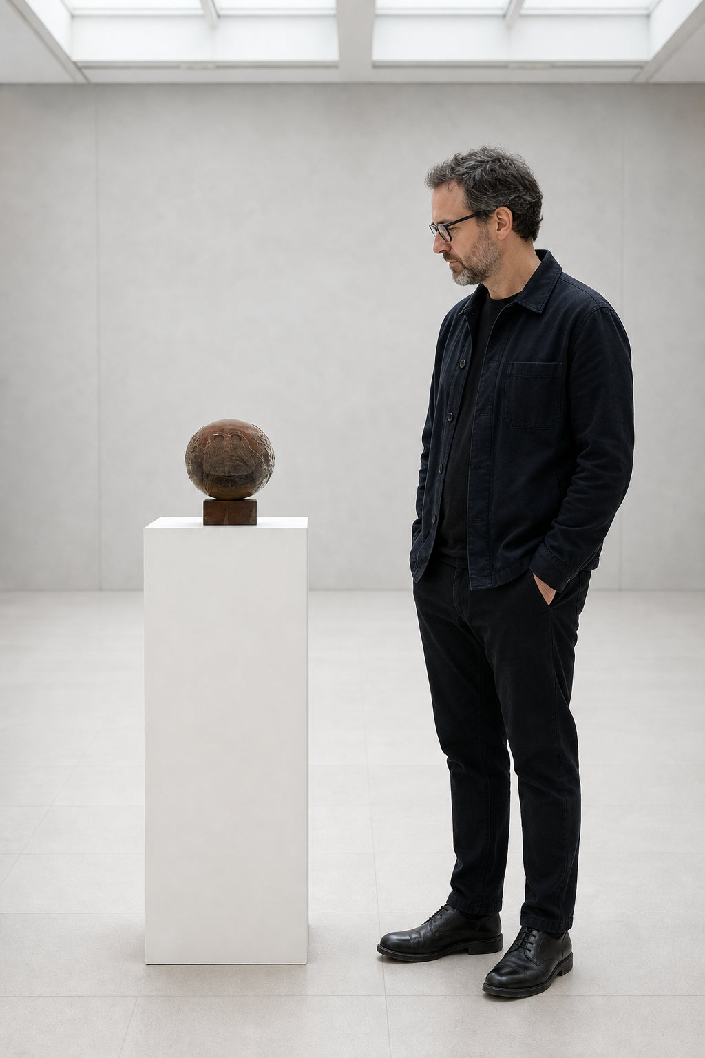 Spherical Ceramic Face Sculpture on Base - shown to scale