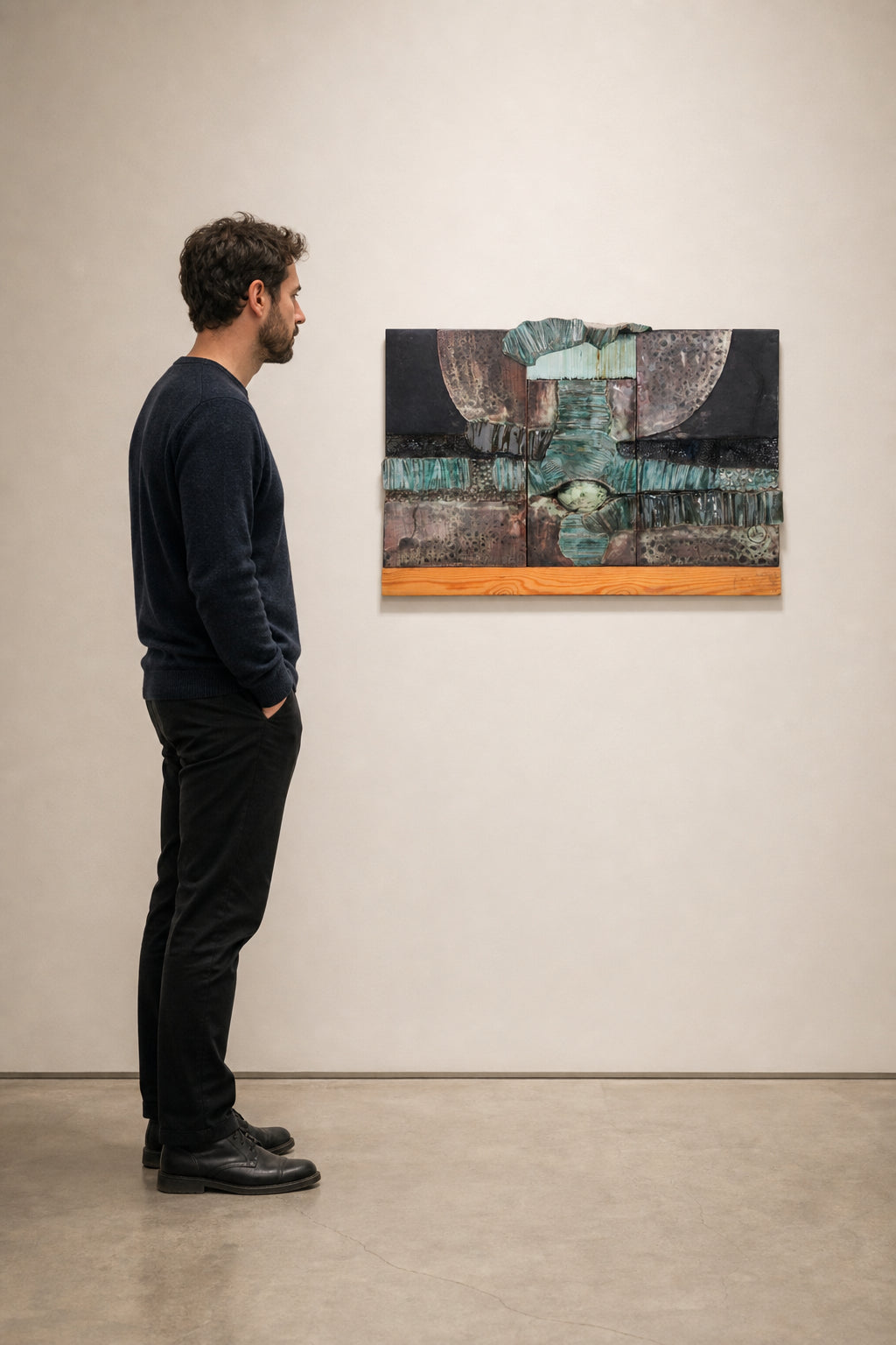 Abstract Ceramic Relief Panel on Wood - shown to scale