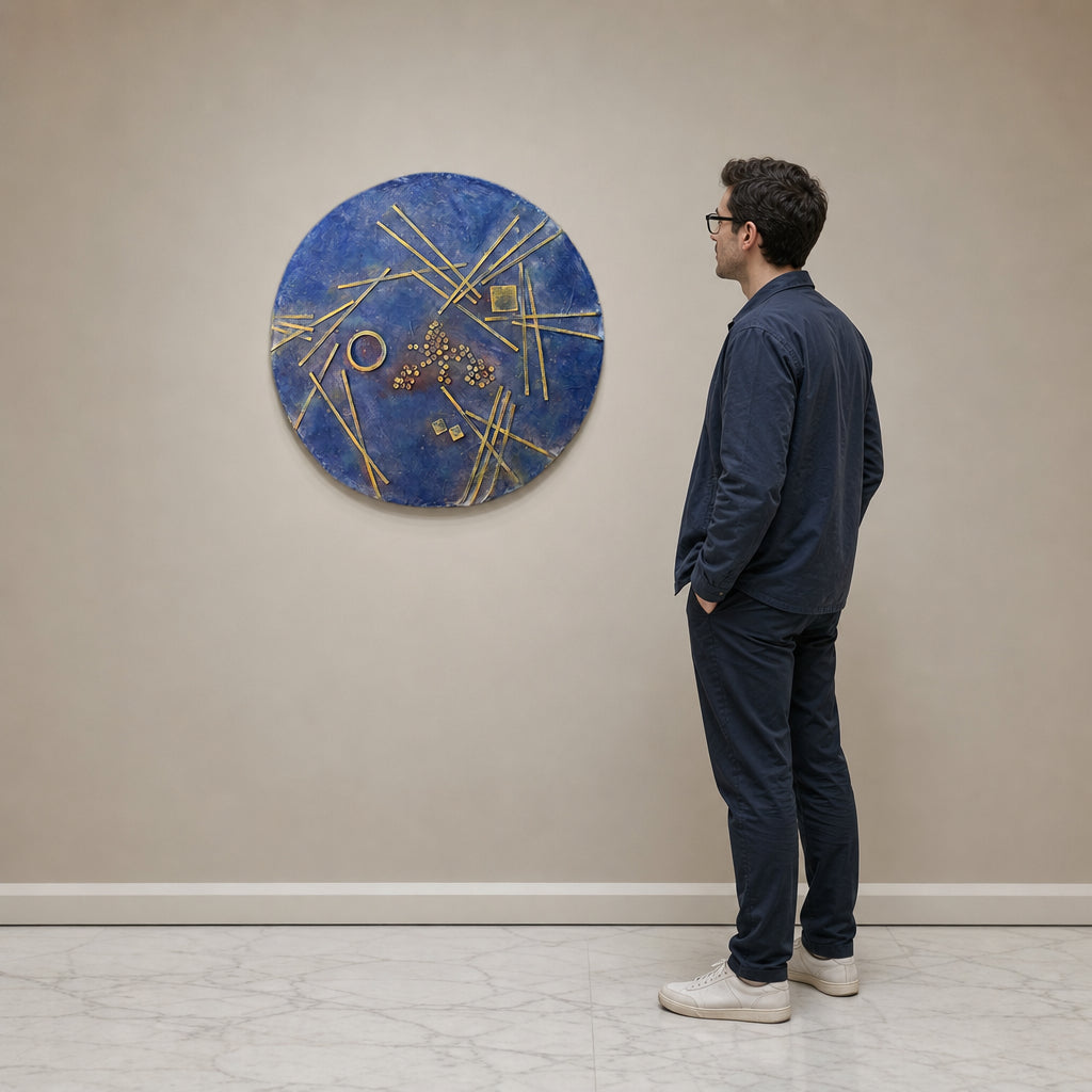 Blue Circle with Gold Geometric Elements - shown to scale