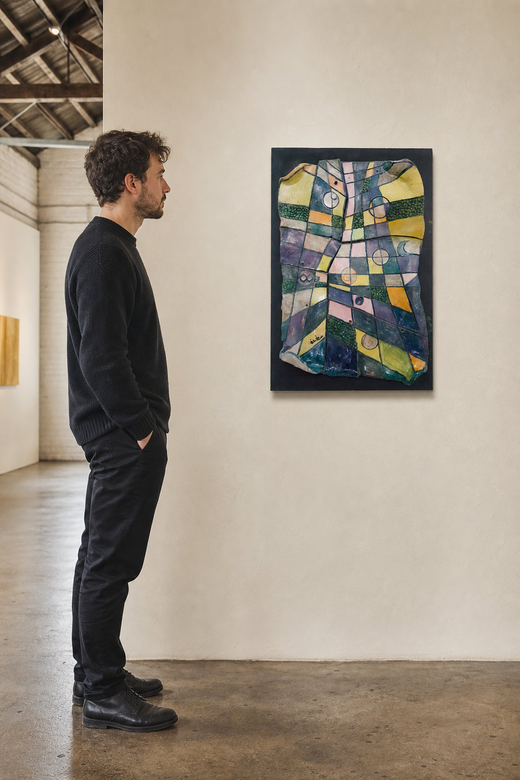 Abstract Geometric Ceramic Relief Panel - shown to scale
