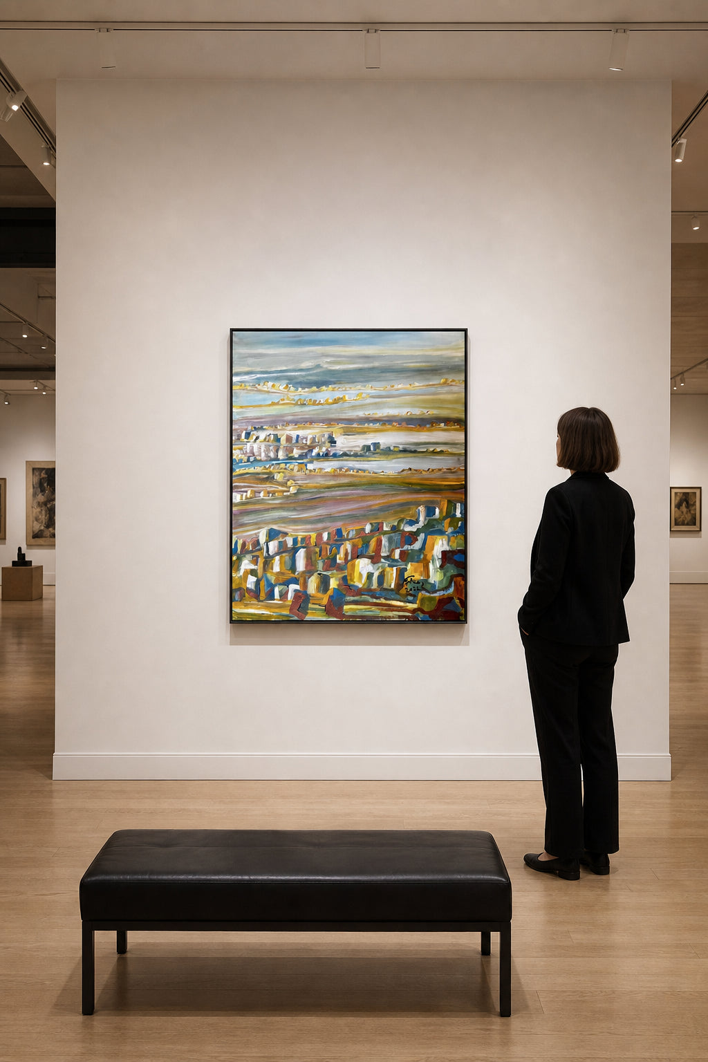Abstract City Buildings Across Layered Landscape - shown to scale