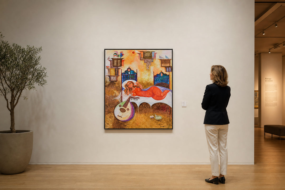 Reclining Woman with Oud on Bed - shown to scale