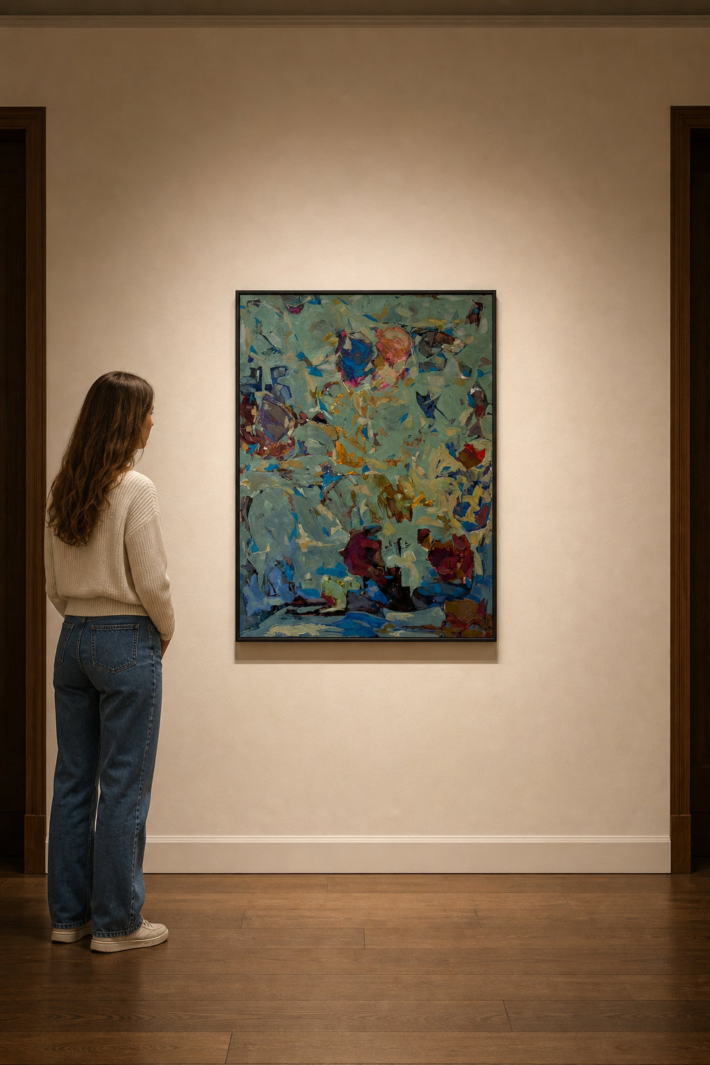 Abstract Mixed Media Green Blue Composition - shown to scale