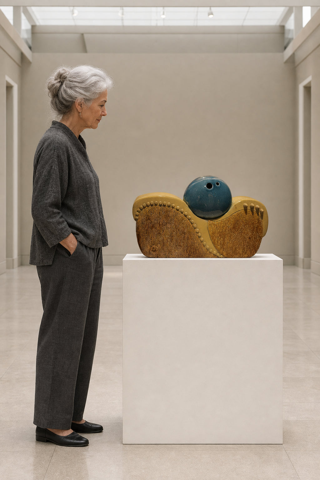 Abstract Ceramic Figure with Blue Sphere - shown to scale